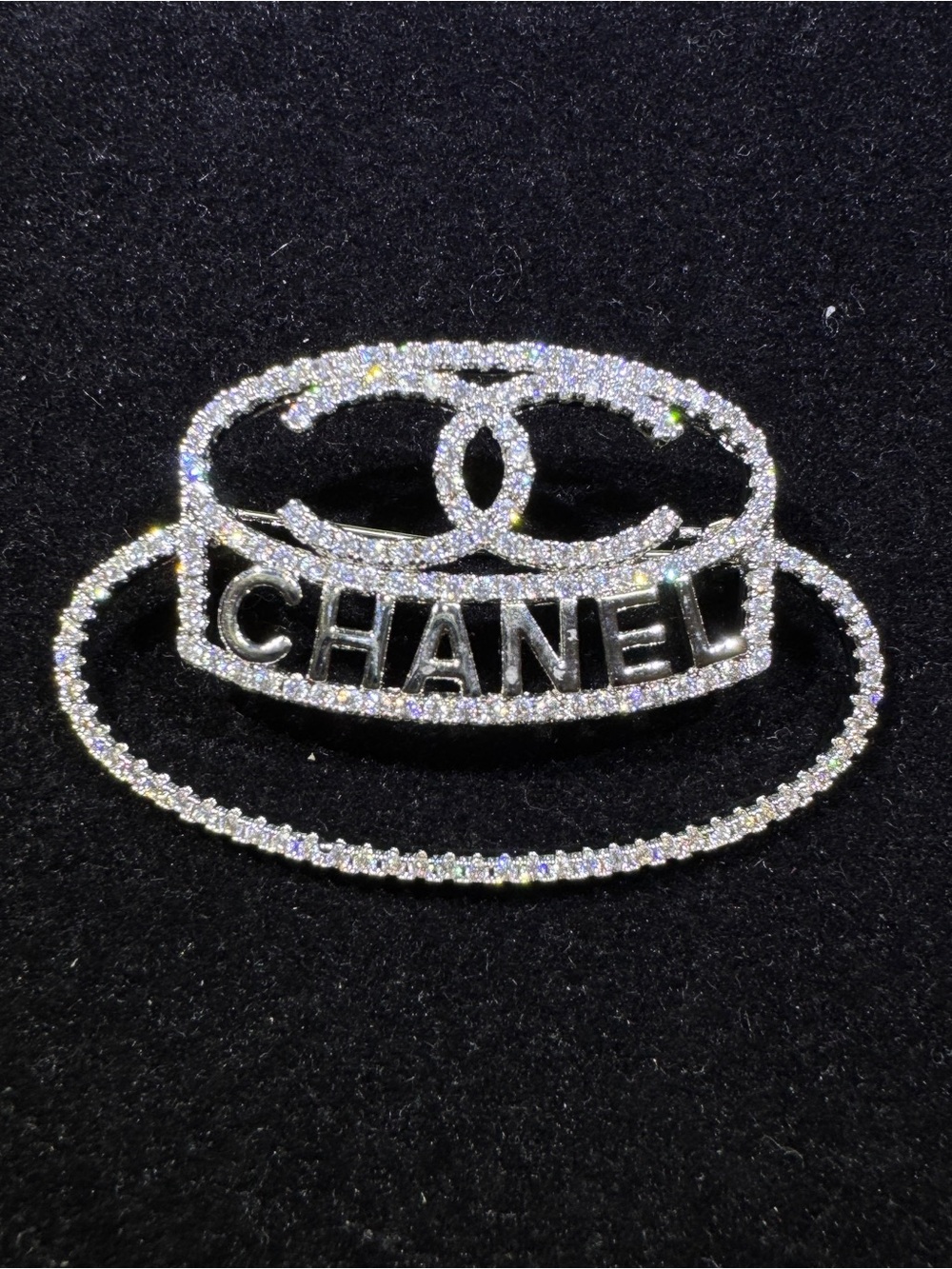 CC Style Silver Crystal Logo Brooch - Silver Sparkle